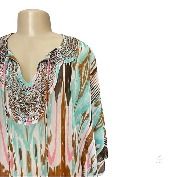 Anthropologie Beach Boho Hippie Embellished V-Neck Turquoise Tie Dye kimono - Picture 2 of 13